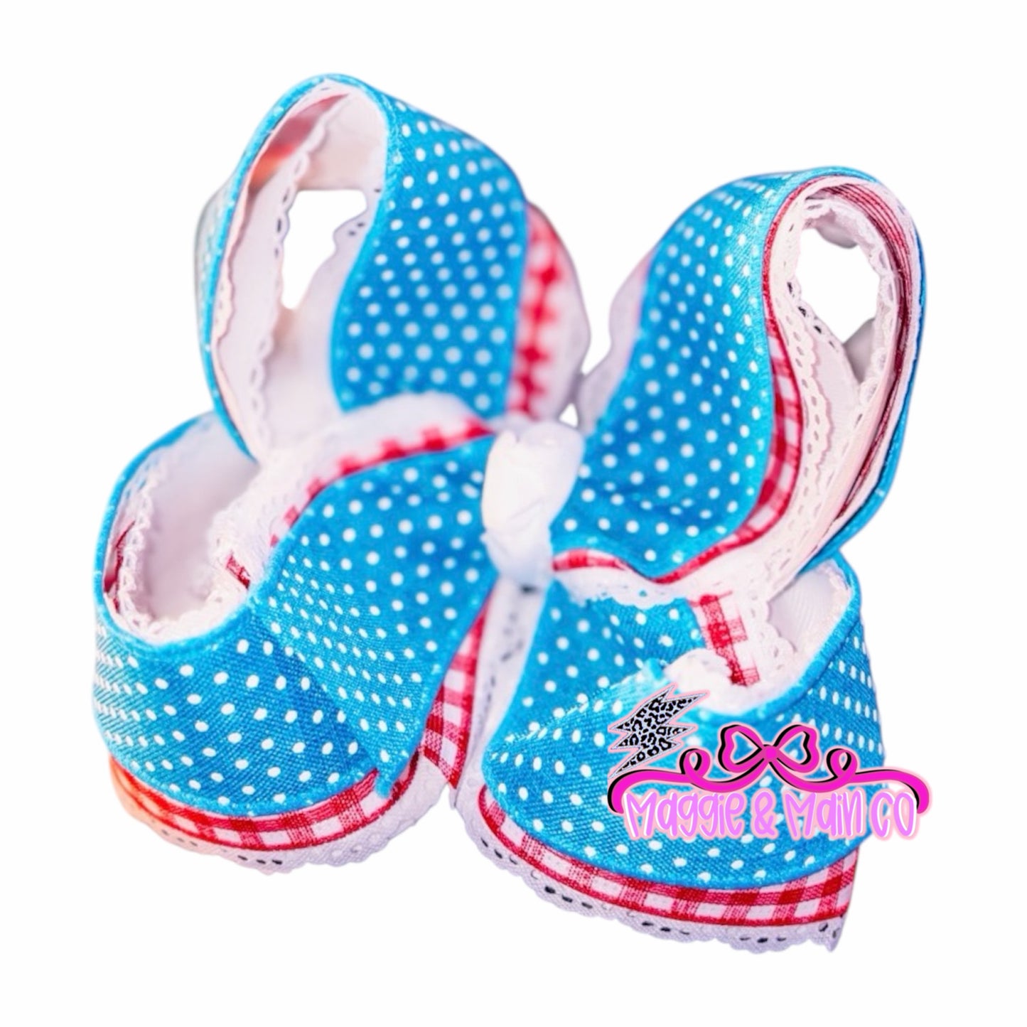 Moonstitch with red gingham & teal bitty dot